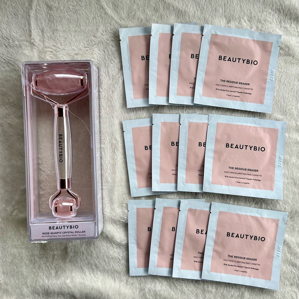 Beauty Bio Rose Quartz Roller and Residue Eraser Pads Bundle
